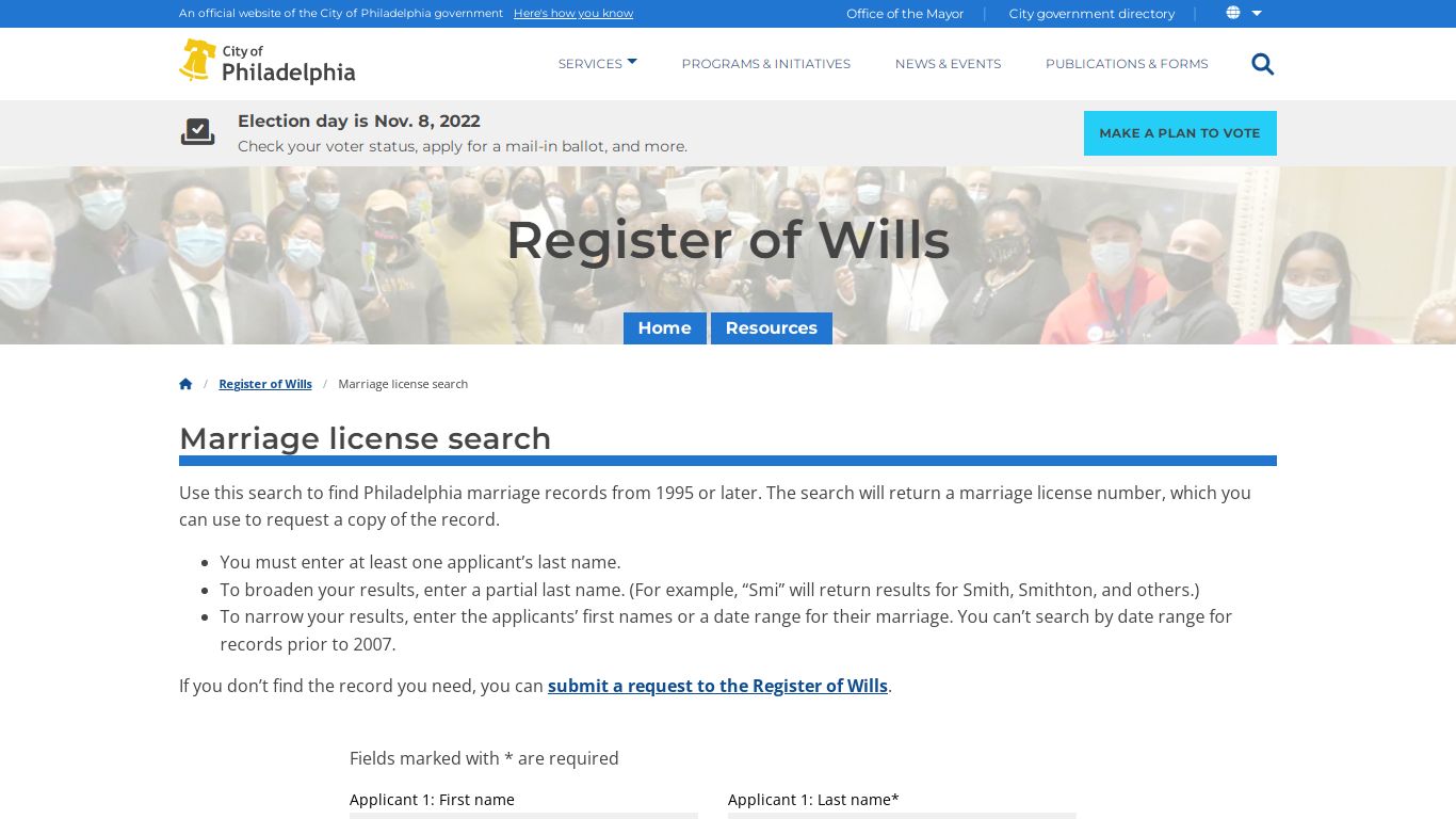 Marriage license search | Register of Wills - City of Philadelphia